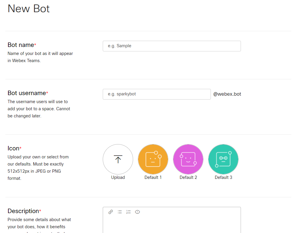 Webex create bot page